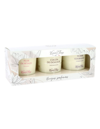 Coffret N°6 Traditionnel 3 bougies x 90 g : Pluie de Pétales, Cocon de Douceur, Plaisir Gourmand.