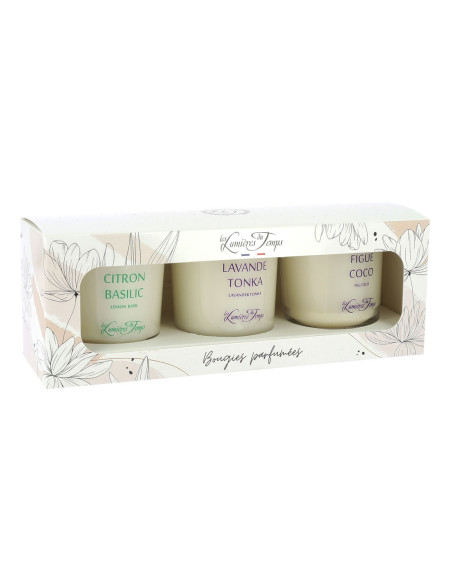 Coffret N°8 Traditionnel 3 bougies x 90 g : Citron & Basilic, Figue & Coco, Lavande & Tonka.