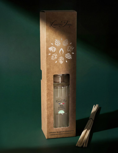 Diffuseur de Parfum 200 ml Iris et Miel ; livré dans sa boîte et avec ses bâtonnets en rotin