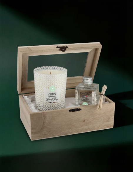 Coffret Bois Bougie 180 g et Diffuseur 50 ml Citron et Basilic