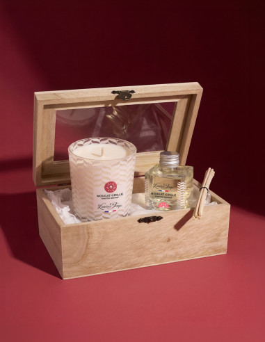Coffret : Bougie 180 g et diffuseur Nougat Grillé. Parfum d’intérieur gourmand et sucré pour une ambiance réconfortante.