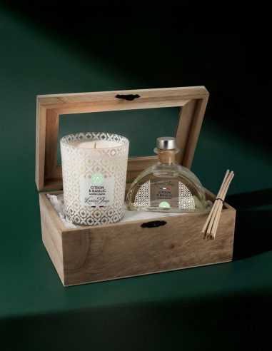 Coffret Bois Bougie 180 g et Diffuseur 100 ml Citron et Basilic ; un duo estivale