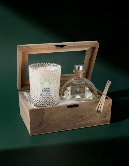 Coffret Bois Bougie 180 g et Diffuseur 100 ml Citron et Basilic ; un duo estivale