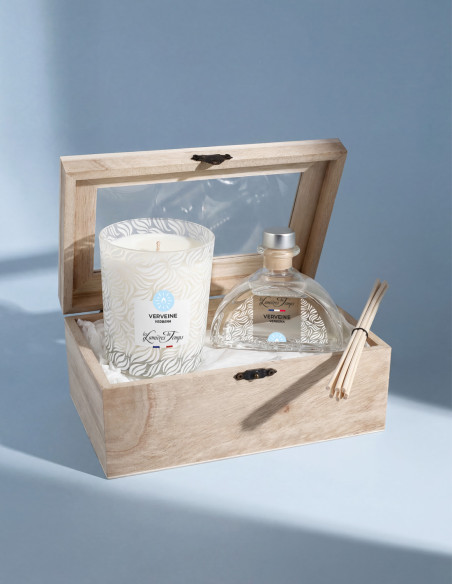 Coffret Bois Bougie 180 g et Diffuseur 100 ml Verveine ; parfum frais et vivifiant