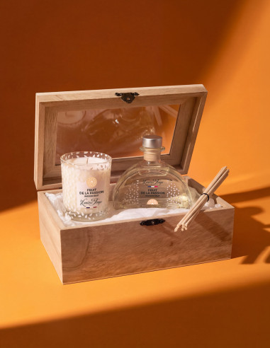 Coffret Bois Diffuseur 100 ml et Bougie 90 g Fruit de la Passion. Parfum exotique.