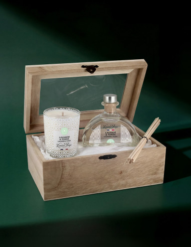 Coffret Bois Diffuseur 100 ml et Bougie parfumée 90 g Lavande et Tonka