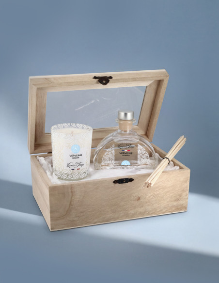 Coffret Bois Diffuseur 100 ml et Bougie 90 g Verveine. Parfum frais pour votre intérieur (salon, salle à manger)
